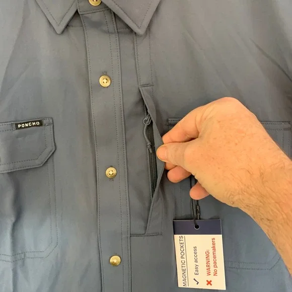 Poncho Shirt Mens XL Blue Grey NEW Fishing Magnetic Pockets Short Sleeve Vented - Picture 3 of 8